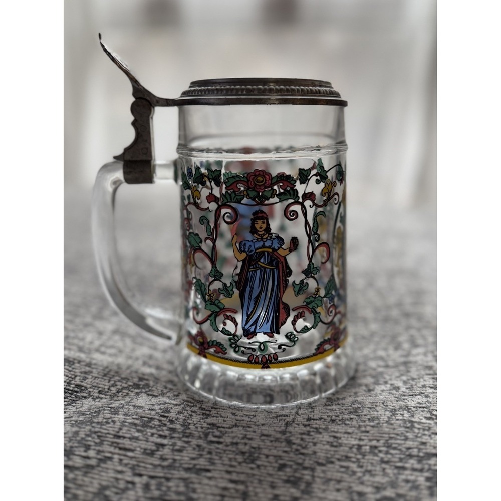 VINTAGE BMF WEST GERMANY GLASS BEER STEIN WITH PEWTER LID Hand Painted